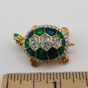 Vintage Green Blue Enamel Rhinestone Accent Gold Tone Turtle Brooch